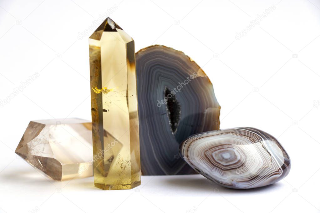 stones of rock crystal and agate on white background