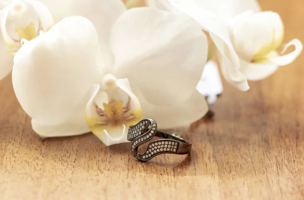 Anillo Plata Con Pequeñas Piedras Circonio Encuentra Tablero Madera Ligera —  Fotos de Stock