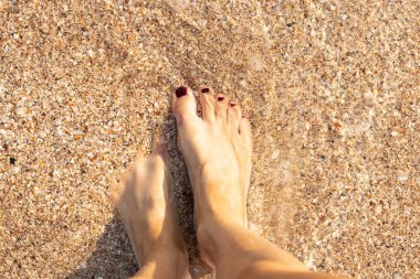 yakın çekim kadın bacakları güneşli bir günde deniz kenarındaki deniz suyunda durur