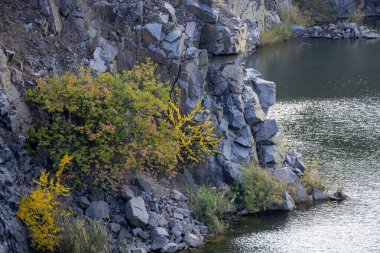 Dinyeper kentinde Ukrayna'da sonbahar ağaçları ile çevrili su ile dolu taş ocağı