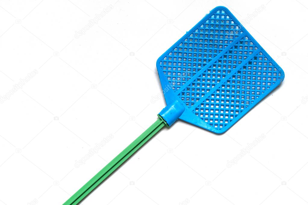 blue plastic fly swatter on an isolated white background