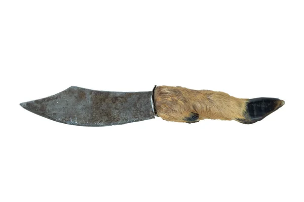 Самодельный Старый Нож Рукояткой Копыта Животного Белом — стоковое фото