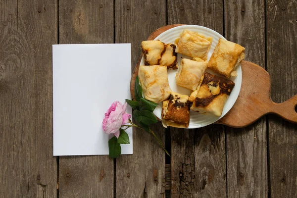 Curd Pancakes Plates Empty White Sheet Place Text Table — Stock Photo, Image