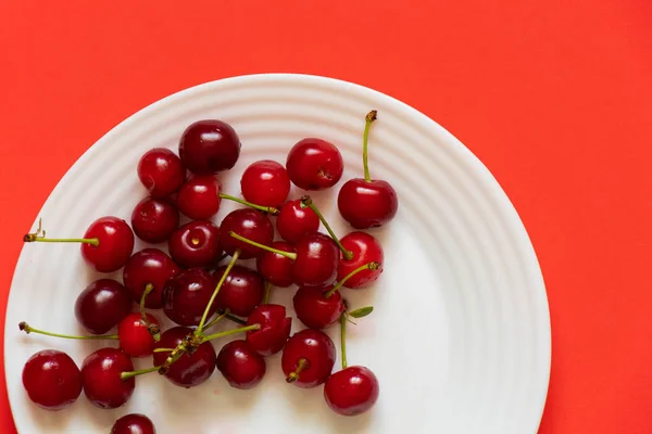 Cereza Plato Blanco Sobre Fondo Rojo —  Fotos de Stock