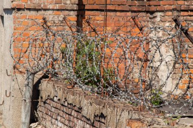Eski tuğla bir çitin dikenli teli