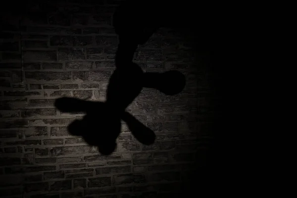 Тень Плюшевого Медведя Висящего Стене Освещенной Фонариком — стоковое фото