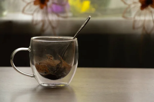 Vetro Trasparente Sporca Tazza Caffè Stand — Foto Stock