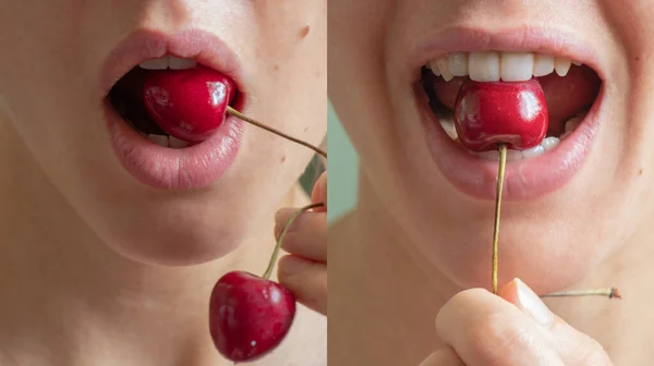 Twee Foto Een Als Een Meisje Eten Een Rode Kers — Stockfoto