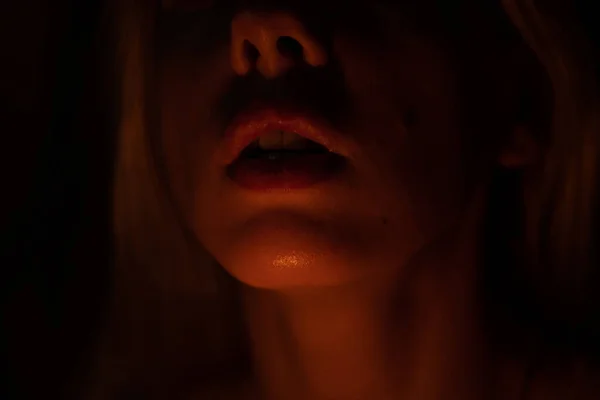Chin Lips Neck Illuminated Candle Dark Background — Stock Photo, Image