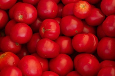 Arka plan olarak çarşıda domatesler var.