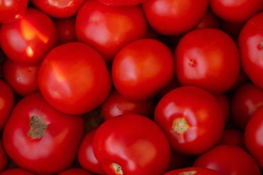 Arka plan olarak çarşıda domatesler var.