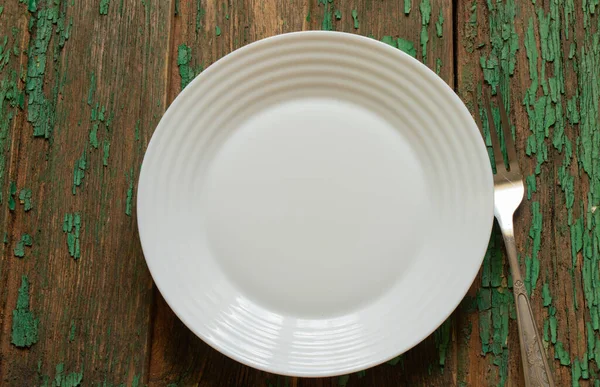 White Clean Empty Plate Fork Wooden Table — Stock Photo, Image