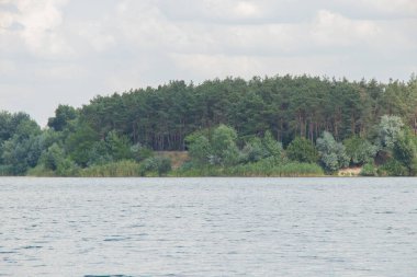 Dneprodzhezzzhinsk şehrinde, Ukrayna 'da bir gölün arka planındaki çam ormanı taşkın taşocağından geliyor.