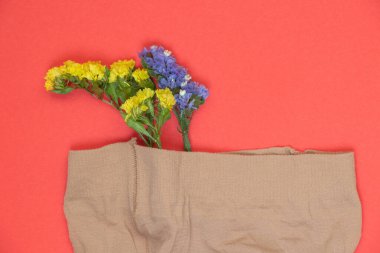 Kırmızı arka planda naylon külotlu çorap içinde yuva yapmış çiçekler.