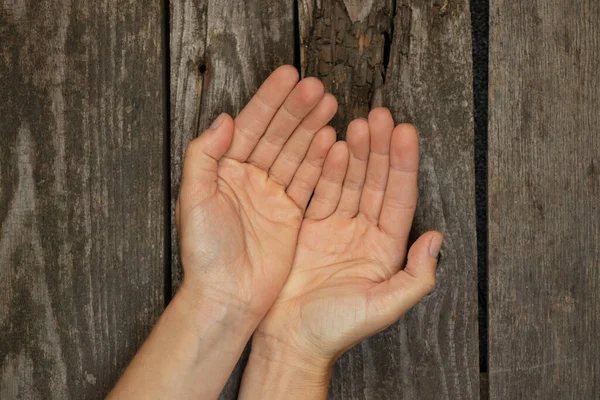 Palme Femminili Sfondo Legno Primo Piano — Foto Stock