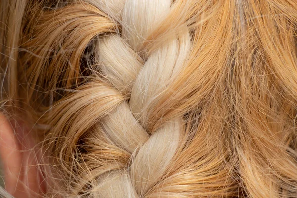 Gevlochten Spikelet Het Hoofd Van Een Jong Blond Meisje Closeup — Stockfoto