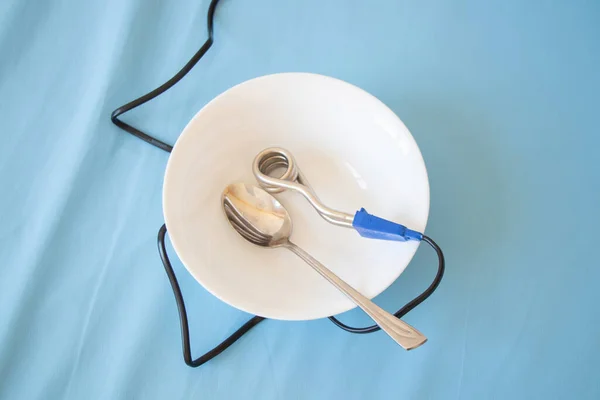 Spiral Kettle Tea Treats White Clean Plate Spoon Blue Background — Stock Photo, Image