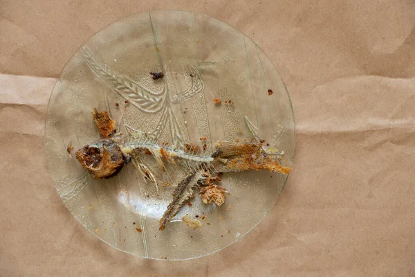 fried fish skeleton in glass plate on isolated background