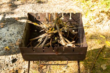 Yazın Ukrayna 'daki bir ormanda piknikte yakacak odunlu portatif ızgara.