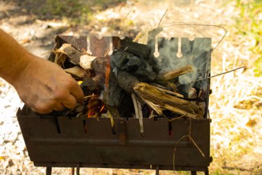Yazın Ukrayna 'daki bir ormanda piknikte yakacak odunlu portatif ızgara.
