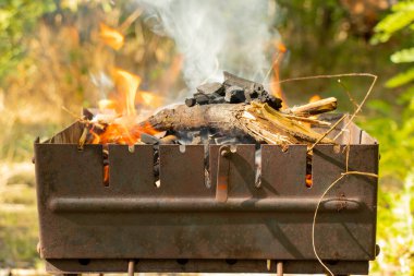 Yazın Ukrayna 'daki bir ormanda piknikte yakacak odunlu portatif ızgara.