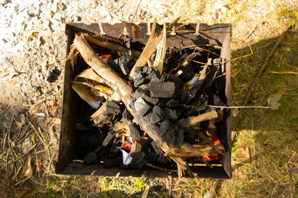 портативный гриль с дровами летом на пикнике в лесу в Украине