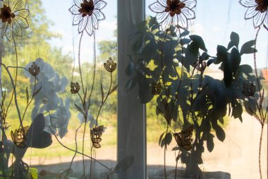 pencere görünümü perdelerden ve penceredeki çiçeklerden, kapalı kapılar ardında çiçekli pencerelerden