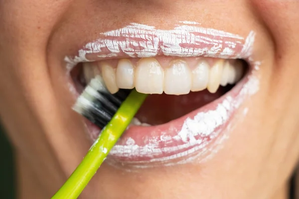 Female Lips Smeared White Toothpaste Toothbrush Brushing Teeth — Stock Photo, Image