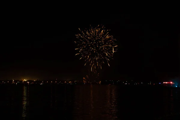 Fuegos Artificiales Ciudad Dnipro Ucrania Por Noche Día Ciudad Septiembre — Foto de Stock