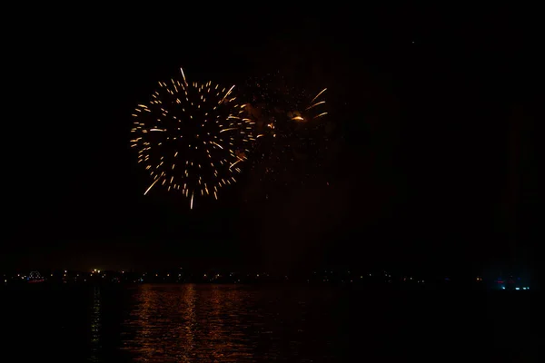 Fuegos Artificiales Ciudad Dnipro Ucrania Por Noche Día Ciudad Septiembre — Foto de Stock