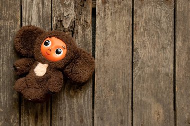 Çizgi filmdeki çocuk oyuncağı Cheburashka karakteri evin ahşap zemininde yatıyor.