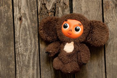 Çizgi filmdeki çocuk oyuncağı Cheburashka karakteri evin ahşap zemininde yatıyor.