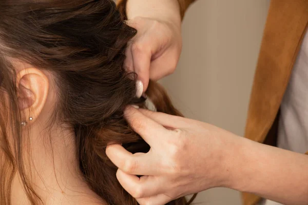 Woman with creative hairstyle from braids, close-up photo, braiding braids, creative hairstyle — Stock Image Woman Creative Hairstyle Braids Close Photo Braiding Braids Creative Hairstyle Royalty Free Stock Images