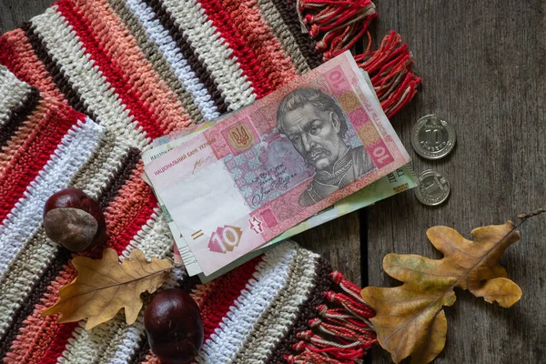 乌克兰货币10元和20元Uah放在地毯上的木制地板上 乌克兰货币和秋叶存款 秋天的主题 — 图库照片