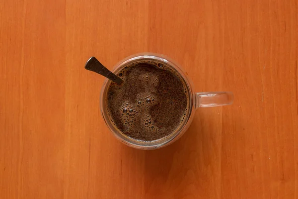 Uma Xícara Café Quente Com Uma Colher Chá Vista Cima — Fotografia de Stock