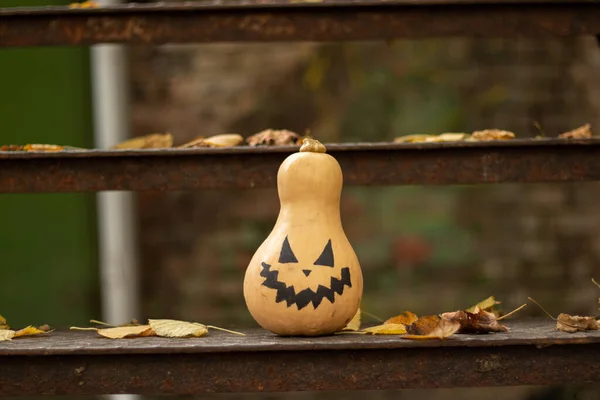 painted pumpkin stands on iron steps in dry autumn leaves preparation for halloween, pumpkin for halloween