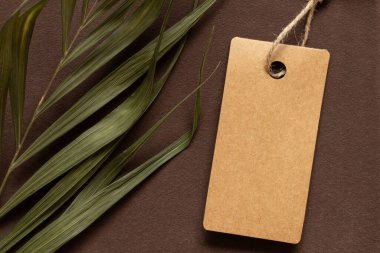 Bir ipte kahverengi boş bir etiket yakın plan tasarımı olarak kahverengi bir arkaplanda yatar