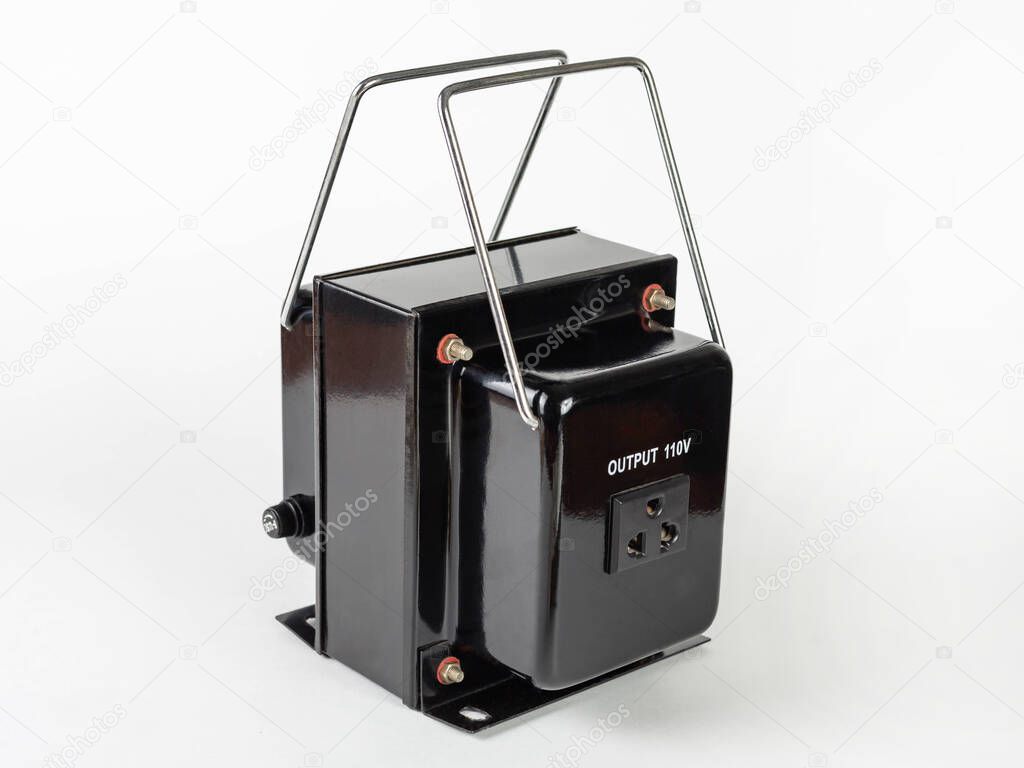 110 volt black step-down transformer with stainless carrying handles on a white background