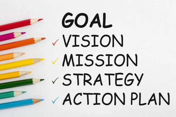 Goal, Vision, Mission, Strategy and Action Plan written on a white background and colour pencils. Business concept.