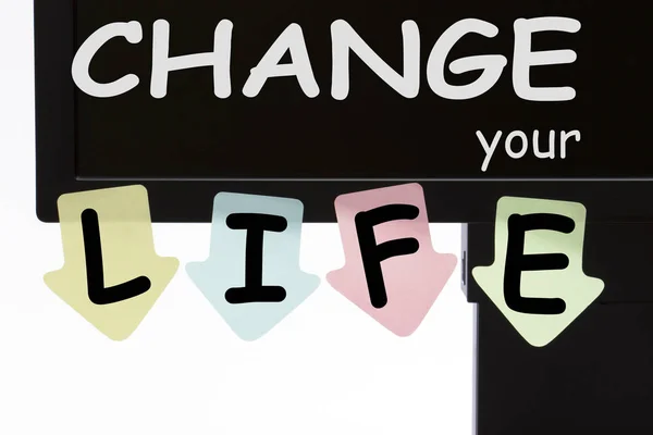 Change Your Life Geschreven Kleur Stickers Beeldscherm Bedrijfsconcept — Stockfoto