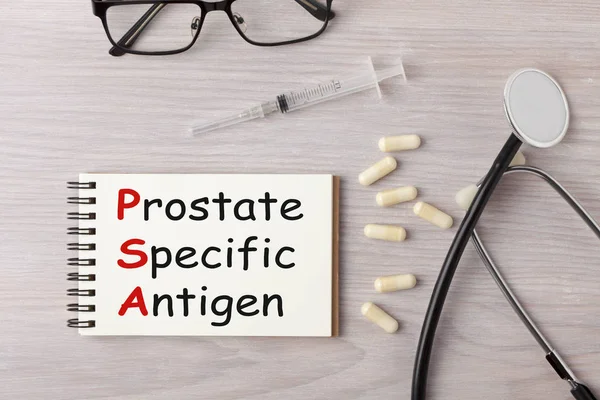Prostataspecifikt Antigen Psa Skriven Anteckningsboken Med Stetoskop Spruta Glasögon Och — Stockfoto