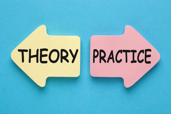 Theory vs Practice Concept written on paper arrows on blue background. Business concept.
