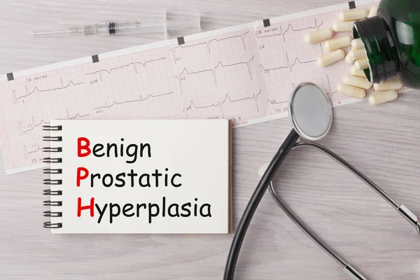 Bph Benign Prostatahyperplasi Som Skrivs Anteckningsboken Med Stetoskop Spruta Glasögon — Stockfoto
