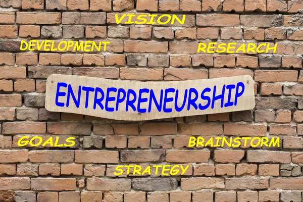 Entrepreneurship Diagram Written Wooden Sign Brick Wall Background — Stock Photo, Image