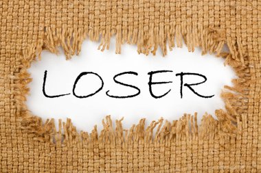 Çuval bezi ile kelime kaybeden delikle parçası. İş kavramı.