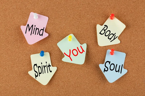 Mind, Body, Soul, Spirit And You written on color reminder notes with pin on cork board. Growth concept.