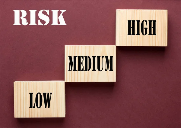 Risk concept with wooden blocks. High Low Medium.