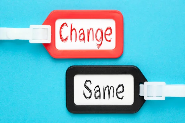 Change Same Written Luggage Tags Blue Background Business Concept — Stock Photo, Image