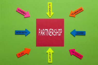 Yeşil zemin üzerine not ve kağıt oklarla ortaklık kavramı