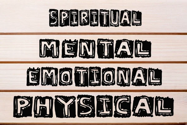 Mental Espiritual Emocional Físico Escrito Decoração Parede Madeira — Fotografia de Stock